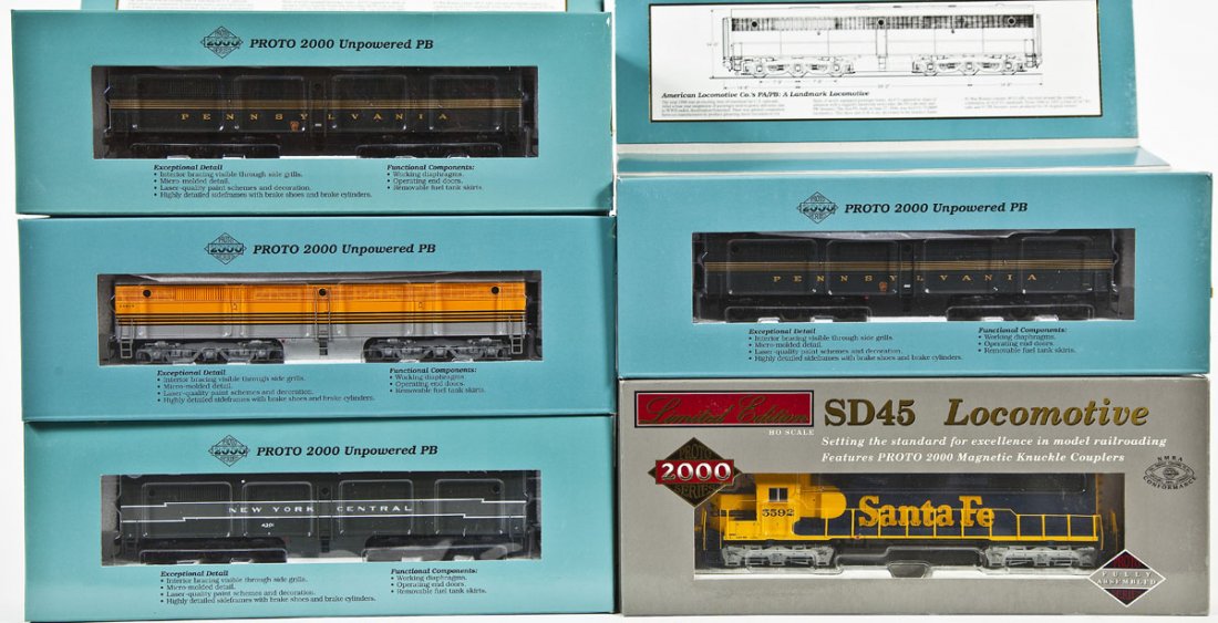 5 Proto 2000 Series HO Locomotives: DESCRIPTION: Five Proto 2000 Series locomotives including AT&SF #5592, PRR #5754B, PRR #5756B, D&RGW #6002, and NYC #4301. HO scale. CONDITION: Appear unused in original boxes.
