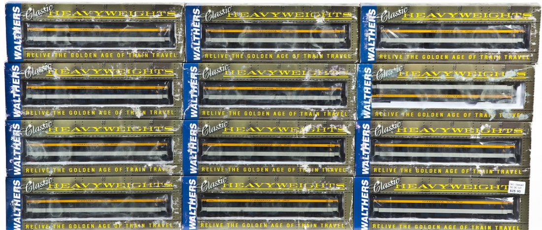 12 Walthers C&O Pullman Heavyweight Cars: DESCRIPTION: Twelve Walthers C&O Pullman heavy weight cars. HO scale. CONDITION: Appear unused in original boxes. Most boxes with wear and discoloration.
