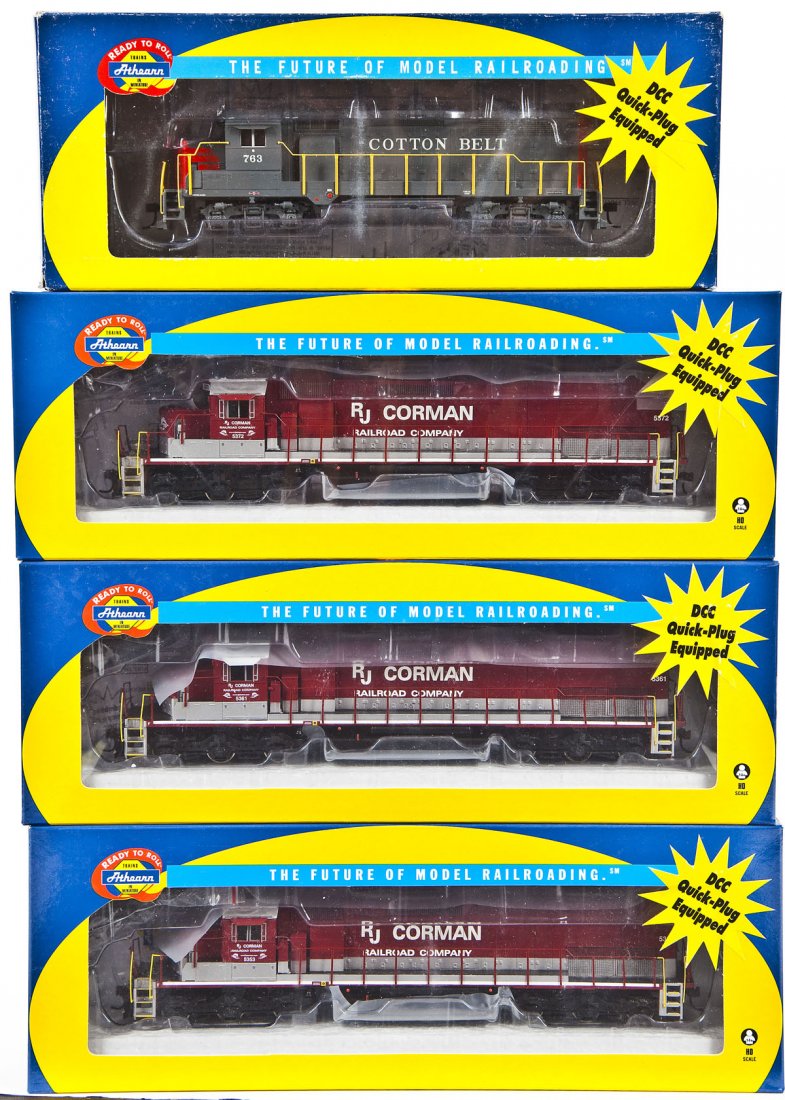 4 Athearn HO Locomotives: DESCRIPTION: Four Athearn locomotives including Cotton Belt #763 and three R.J. Corman including #5353, #5361, and #5372. HO scale. CONDITION: Appear unused in original boxes.