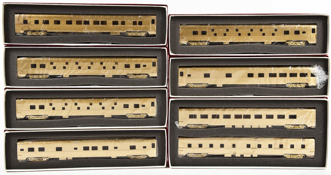 7 Soho & Co. PRR Brass Passenger Cars: DESCRIPTION: Seven Soho and Company PRR brass passenger cars including #1201, three #1203's, #1206, #1204, and #1209. HO scale. CONDITION: Appear slightly if at all used in original boxes.