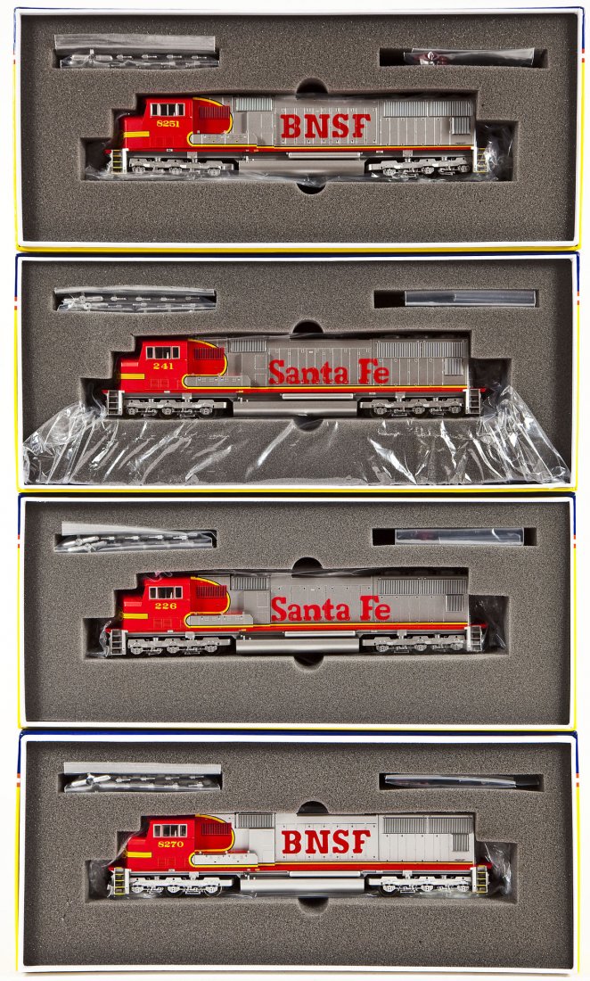 4 Genesis HO Locomotives: DESCRIPTION: Four Athearn Genesis locomotives including Santa Fe #1 and #2, and BNSF #1 and #2. HO scale. CONDITION: Appear unused in original boxes.