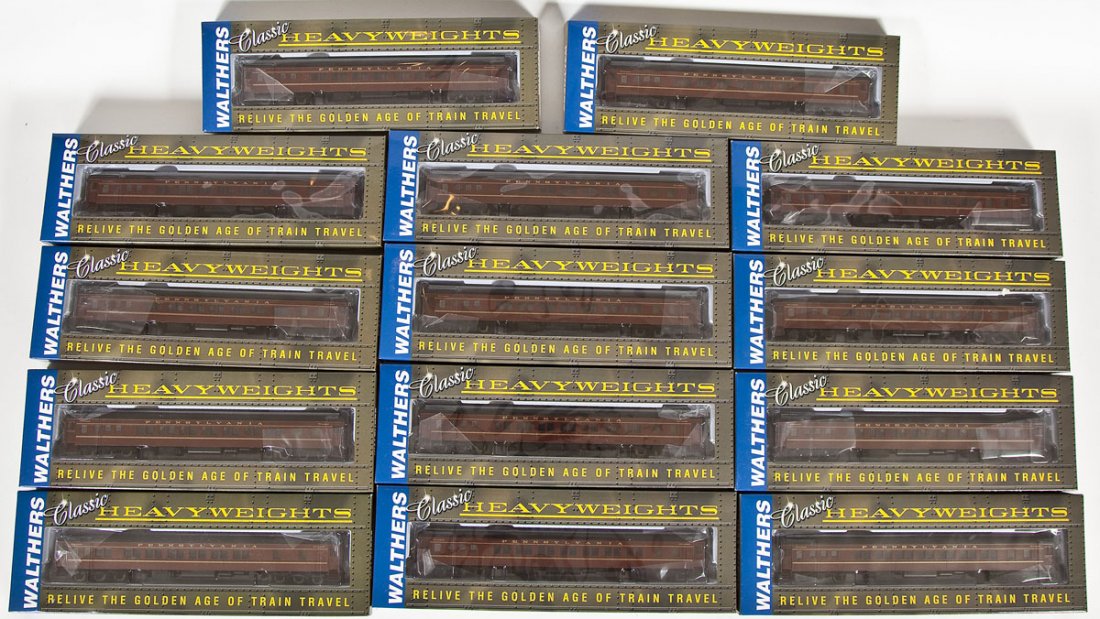 14 Walthers PRR Pullman Heavyweight Cars: DESCRIPTION: Fourteen Walthers PRR Pullman Heavyweight cars. HO scale. CONDITION: Appear unused in original boxes.