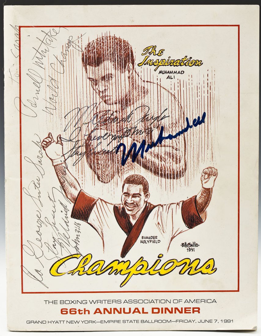 Muhammad Ali Signed Boxing Writers Assoc. Program: DESCRIPTION: Muhammad Ali signed Boxing Writers Association of America program from the 66th Annual Dinner at the Grand Hyatt New York, Empire State Ballroom, Friday, June 7, 1991. Signatures include: