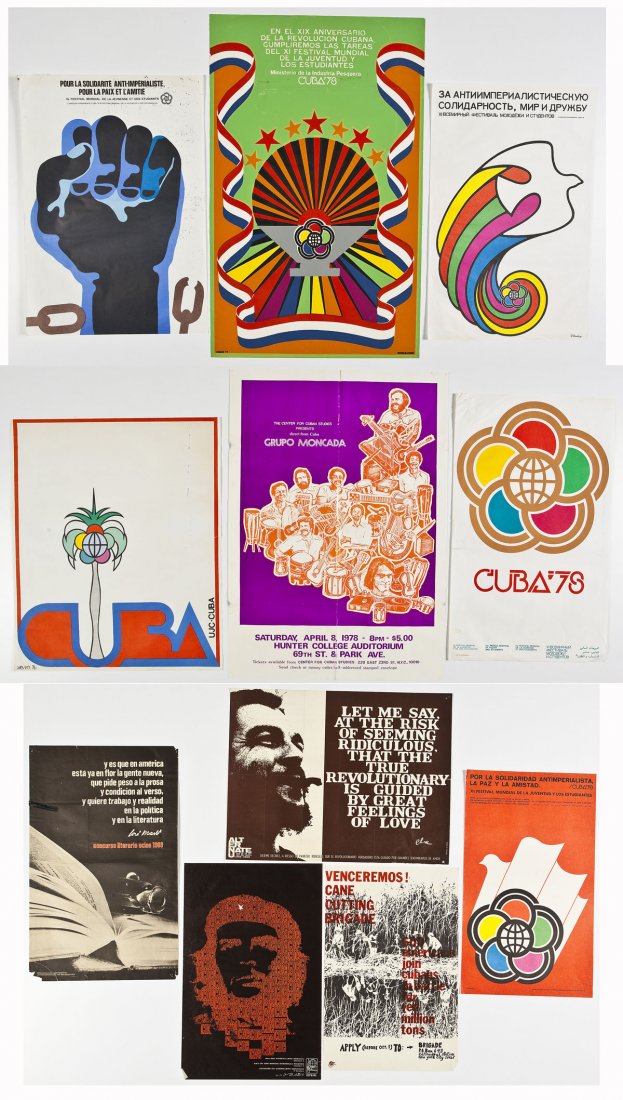 Group of 11 Latino American and Cuban Posters: DESCRIPTION: Group of eleven Latino American and Cuban posters promoting various student causes and events. Includes: six posters for "Cuba '78", one in Cyrillic; one for a "Groupo Moncada" performanc