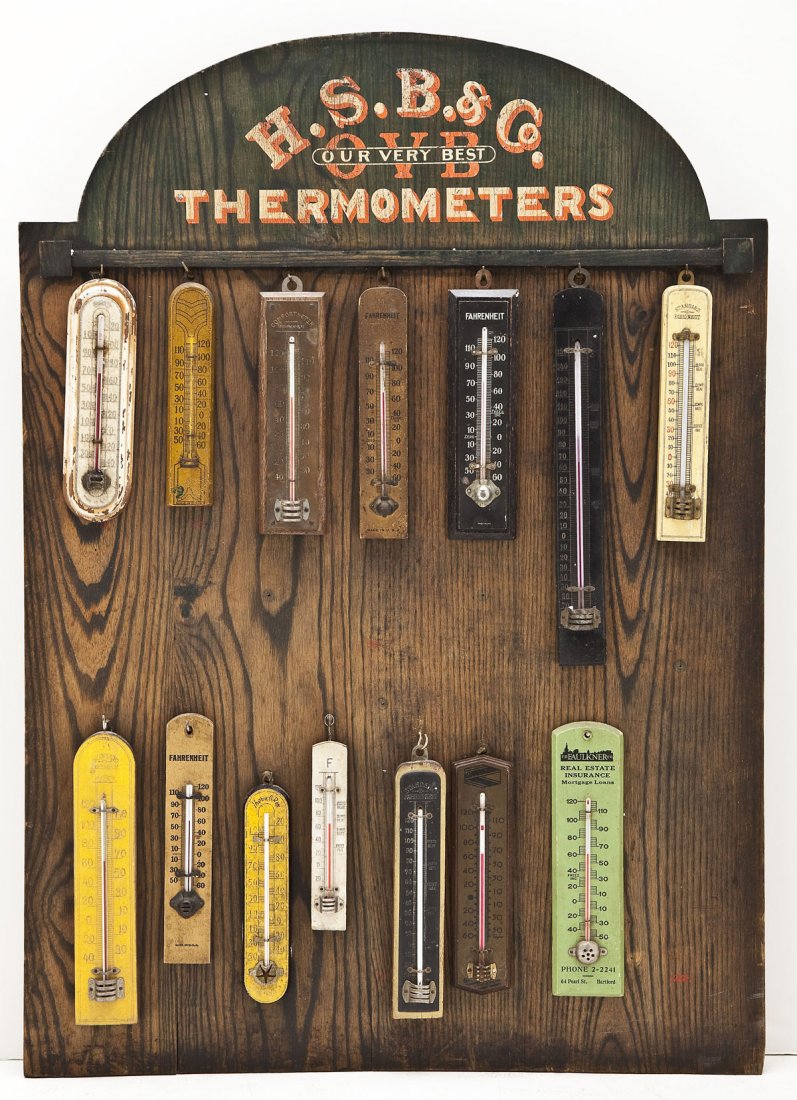 Hibbard Spencer Bartlett Adv Thermometer Display: DESCRIPTION: Advertising display for Hibbard, Spencer, Barlett & Co. thermometers. Wood display painted at top with "H.S.B. & Co. Our Very Best OVB Thermometers". Hung with fifteen various styles of t