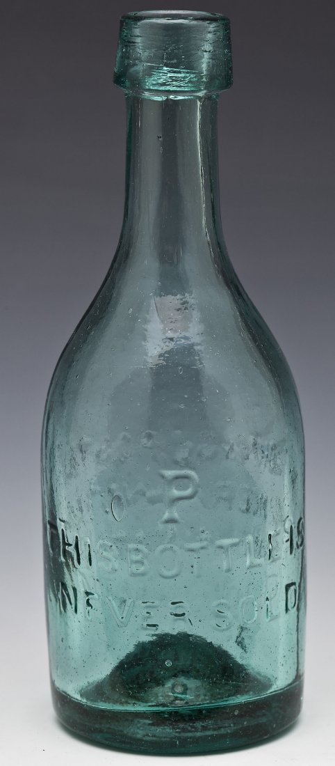 John & GJ Postels Mineral Water Glass Bottle: DESCRIPTION: John & GJ Postels Mineral Water glass bottle. Blue glass with raised lettering on either side. One side reads: "John & GJ Postels Mineral Water Cincinnati O" and the other side is marked 