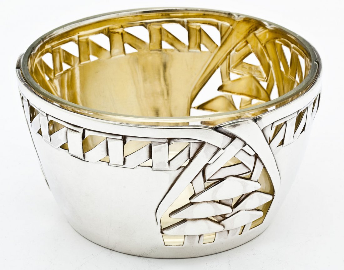 A. Michelsen Danish Art Nouveau Silver Bowl: DESCRIPTION: Danish Art Nouveau silver bowl with motif of trees and geometric pattern around the upper rim. Removable glass liner. With maker's mark for Anton Michelsen, three tower assay mark for 191