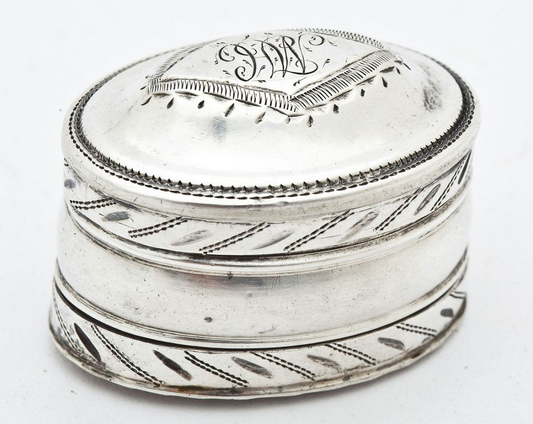 George III Sterling Nutmeg Grater S. Pemberton: DESCRIPTION: A George III Birmingham, England sterling nutmeg grater. Marked for Samuel Pemberton, Birmingham, 1798. Monogrammed "MH" in a cartouche. Border with engraved detail. MEASUREMENTS: 1-1/2"