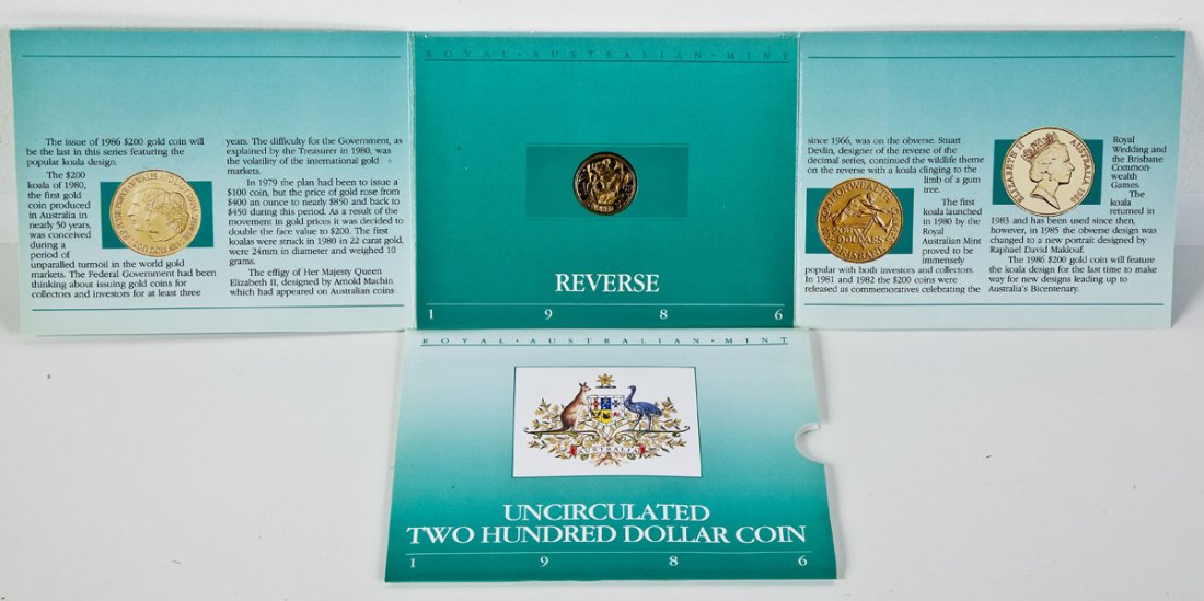 1986 Australian $200 22K Gold Uncirculated Coin: DESCRIPTION: 1986 uncirculated Australian $200 22K gold coin issued by the Royal Australian Mint. Obverse with Machin's effigy of Queen Elizabeth II. Reverse with koala on gum tree by Stuart Devlin. I