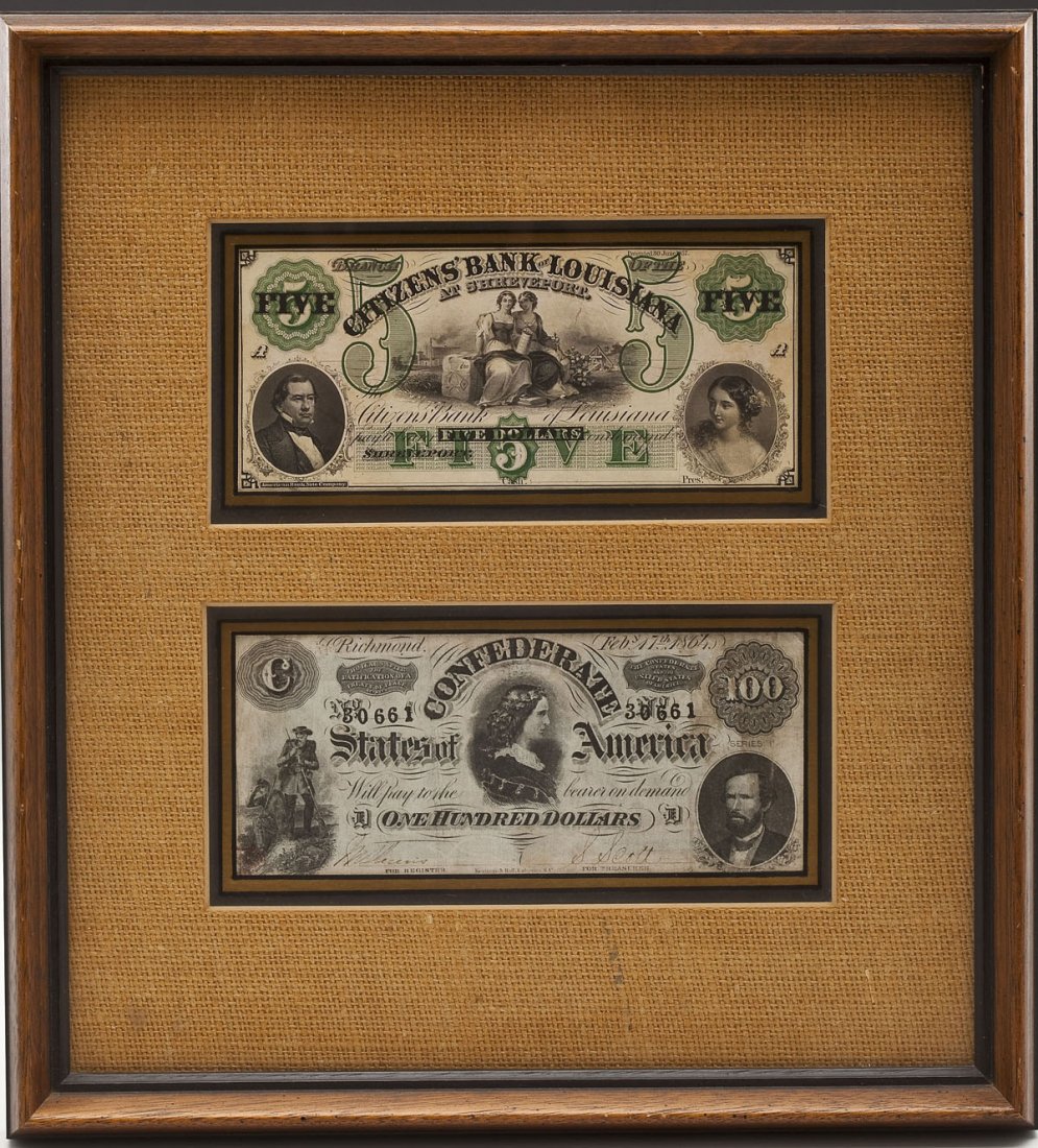 2 Obsolete Currency Large Notes incl Confederate: DESCRIPTION: Two large size obsolete currency notes. Includes a $5 note from the Citizens' Bank of Louisiana at Shreveport and an 1864 $100 note from Confederate States of America. Matted and in wood 