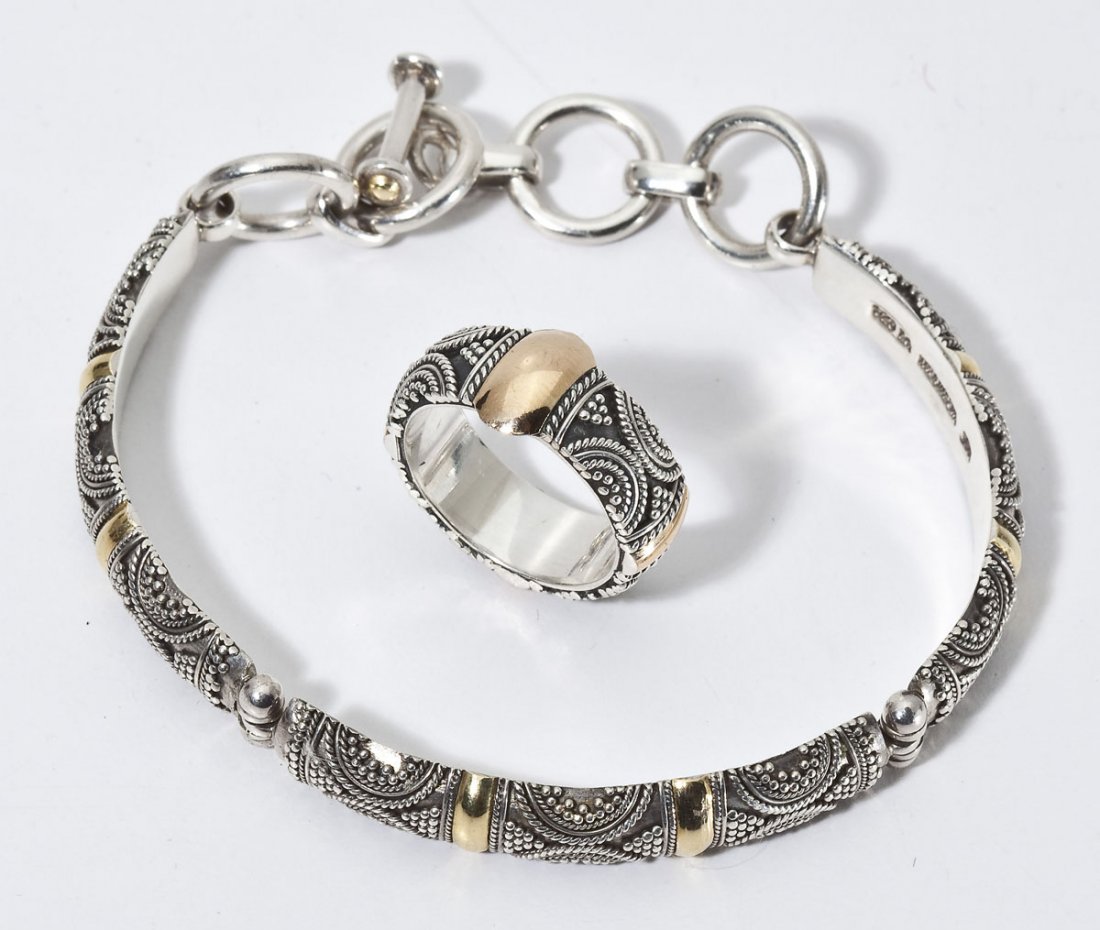 Sterling & 18K Bracelet & Ring Set: DESCRIPTION: Bracelet and band ring set in marked sterling with granulation and marked 18K yellow gold trims. Hinged three section bracelet with toggle clasp. Bracelet marked "925 BA Indonesia 18K". M