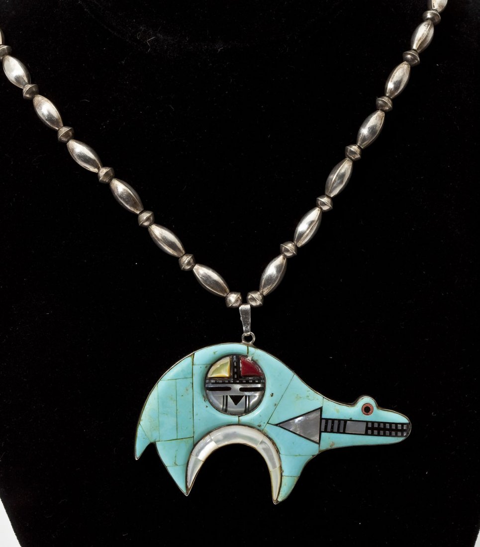 Zuni Sterling & Mosaic Turquoise Fetish Necklace: DESCRIPTION: Zuni fetish necklace in marked sterling. Bead necklace with bear fetish inlaid with turquoise, mother of pearl, onyx and carnelian. MEASUREMENTS: 27" long end to end. Pendant 2-7/8" x 1-3