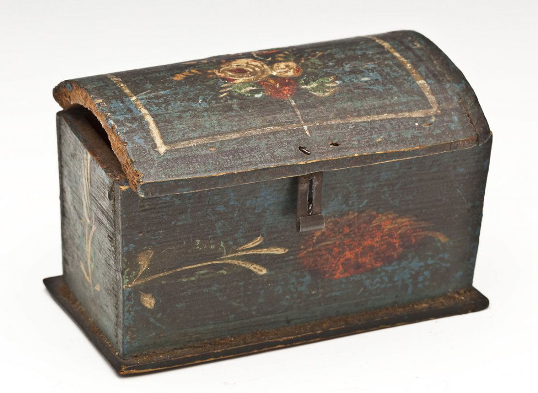 Small "Bucher" Paint Decorated Dome Top Box: DESCRIPTION: Small "Bucher" dome top trinket box. Box of European fir decorated with freehand polychrome floral decoration on a blue ground. Late 18th/early 19th century. PROVENANCE: Property from an