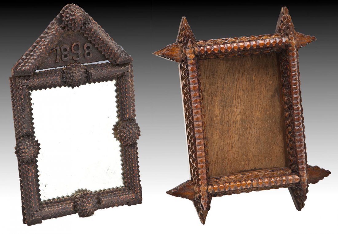 2 Tramp Art Frames: DESCRIPTION: Two tramp art chipped carved frames. Includes: one 6-3/4" x 8-1/2" deep frame and one 6-1/2" x 10-3/4" frame with mirror with rosettes and dated "1898" at top. MEASUREMENTS: See Descripti