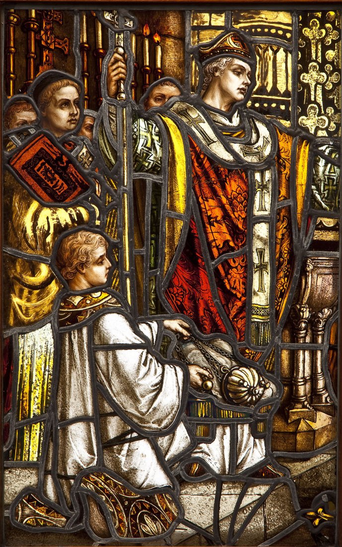 Zettler Studio Munich Stained Glass Panel: DESCRIPTION: Stained glass window panel by the Zettler Studio, Munich, Germany. Depicting scene of church proceedings, with bishop, altar boy with incense, and congregation. Marked in glass in the upp
