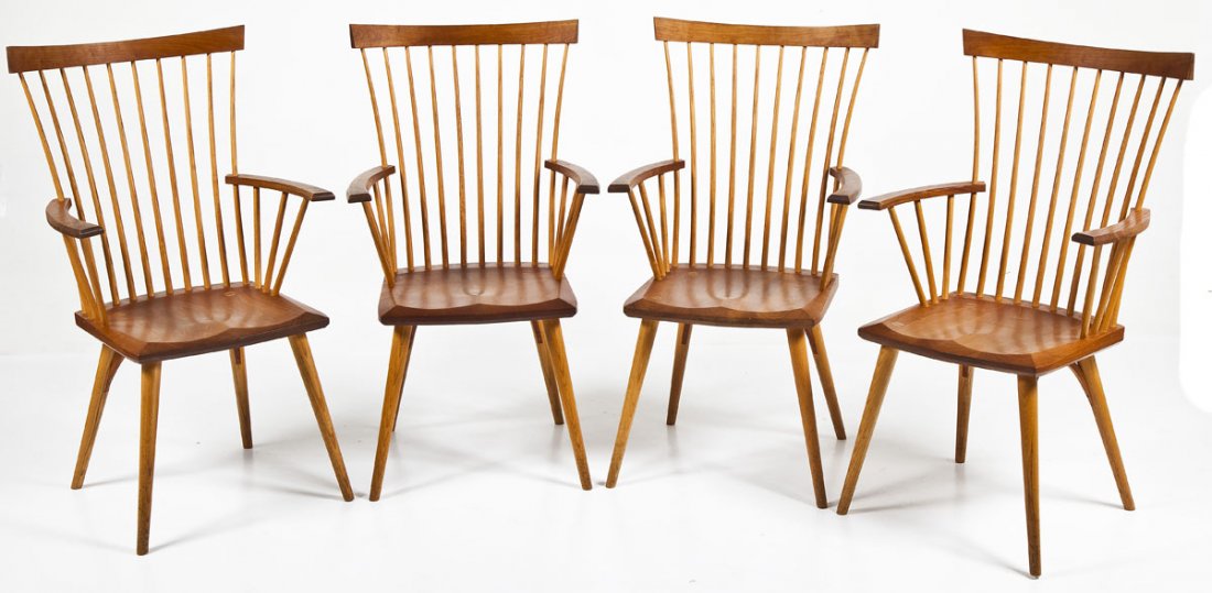 Set of 4 Thomas Moser Eastward Chairs: DESCRIPTION: A set of four rodback "Eastward" chairs by Thomas Moser Cabinetmakers. The four tapered legs join the shaped seat with rods rising to the arms and the crest. Cherry and ash. Marked "Thos.