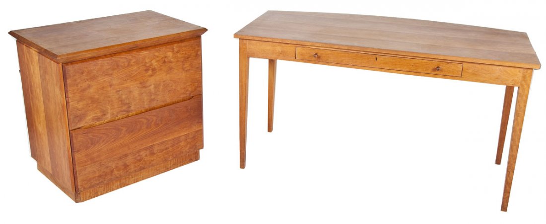 Thomas Moser Desk & Filing Cabinet: DESCRIPTON: A figured wood filing cabinet and matching work table/desk by Thomas Moser. The cabinet consisting of two conforming drawers in a finely fitted cabinet with beveled edges. The taper leg bo