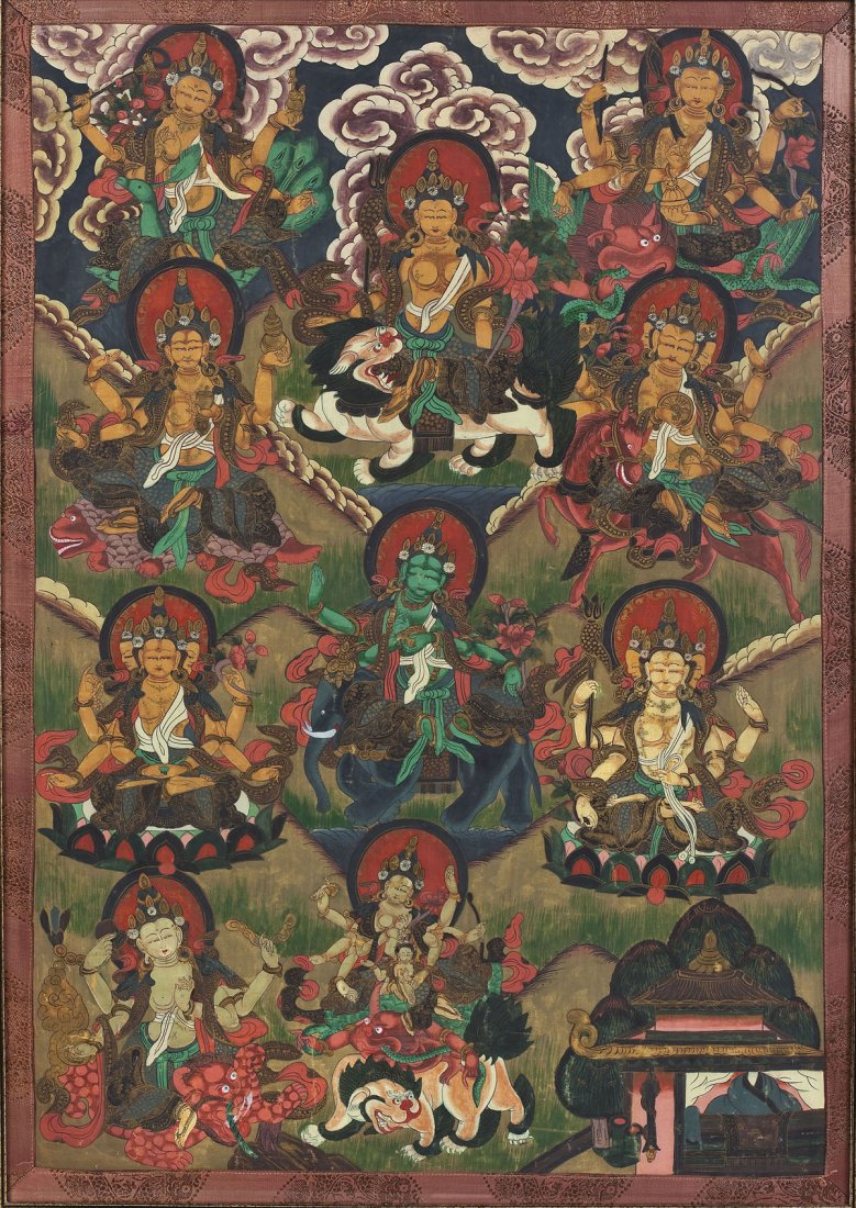 Tibetan Thangka Painting of Buddhas: DESCRIPTION: Nepalese thangka painting on silk portraying of multiple Buddhas on various animals and patterned silk border. 19th century. In a silver painted frame. MEASUREMENTS: Image 32" x 21-1/2". 