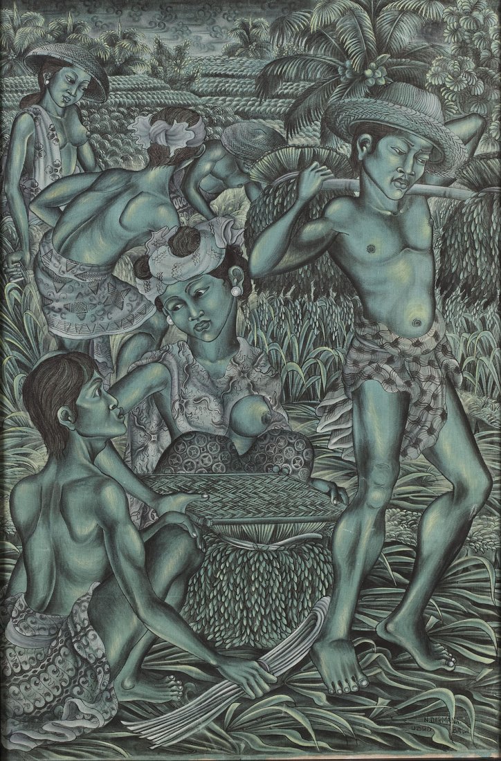N. Darmana (Balinese, 20th Century): DESCRIPTION: N. Darmana (Balinese, 20th Century). Oil on board. Monochromatic scene of people farming/harvesting. Signed in the lower right hand corner "N. Darmana Ubud Bali". In a fabric and wood car