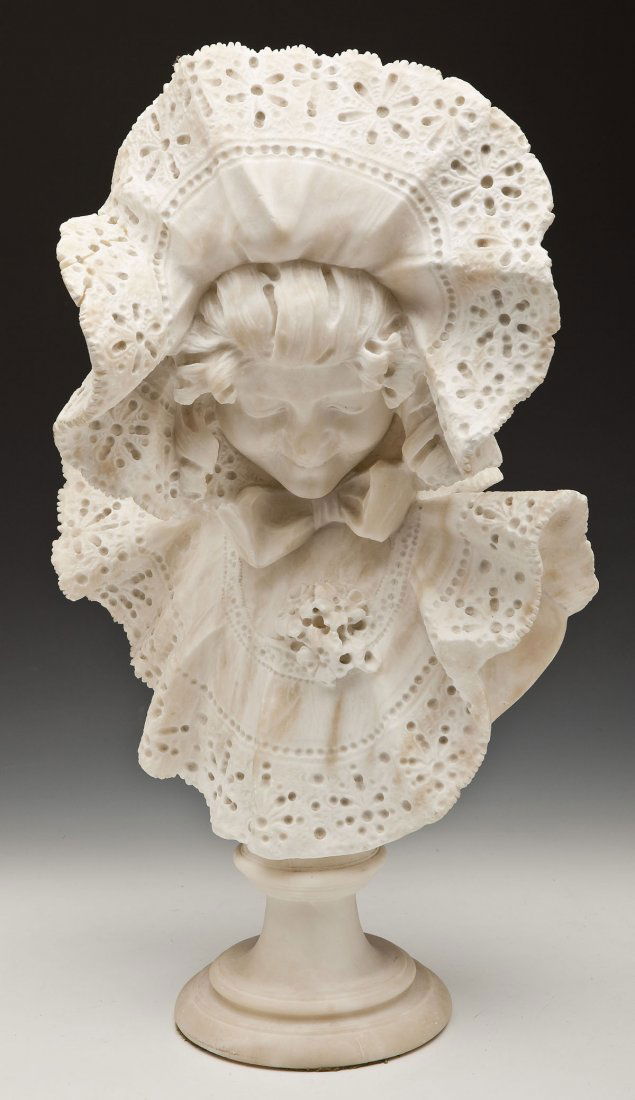 Alabaster Bust of Woman: DESCRIPTION: Alabaster bust of a woman in an ornate lace bonnet with corsage resting on a columnar base. Unsigned. MEASUREMENTS: 24-3/4" high. CONDITION: Repaired at base. Repair to lace of bonnet upp