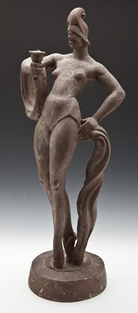 Boris Blai (American, 1893-1985): DESCRIPTION: Boris Blai (American, 1893-1985). Plaster sculpture with brown patina. Athena. Titled and signed faintly to back of base. Boris Blai was born in Russia in 1893. As his artistic talent bec