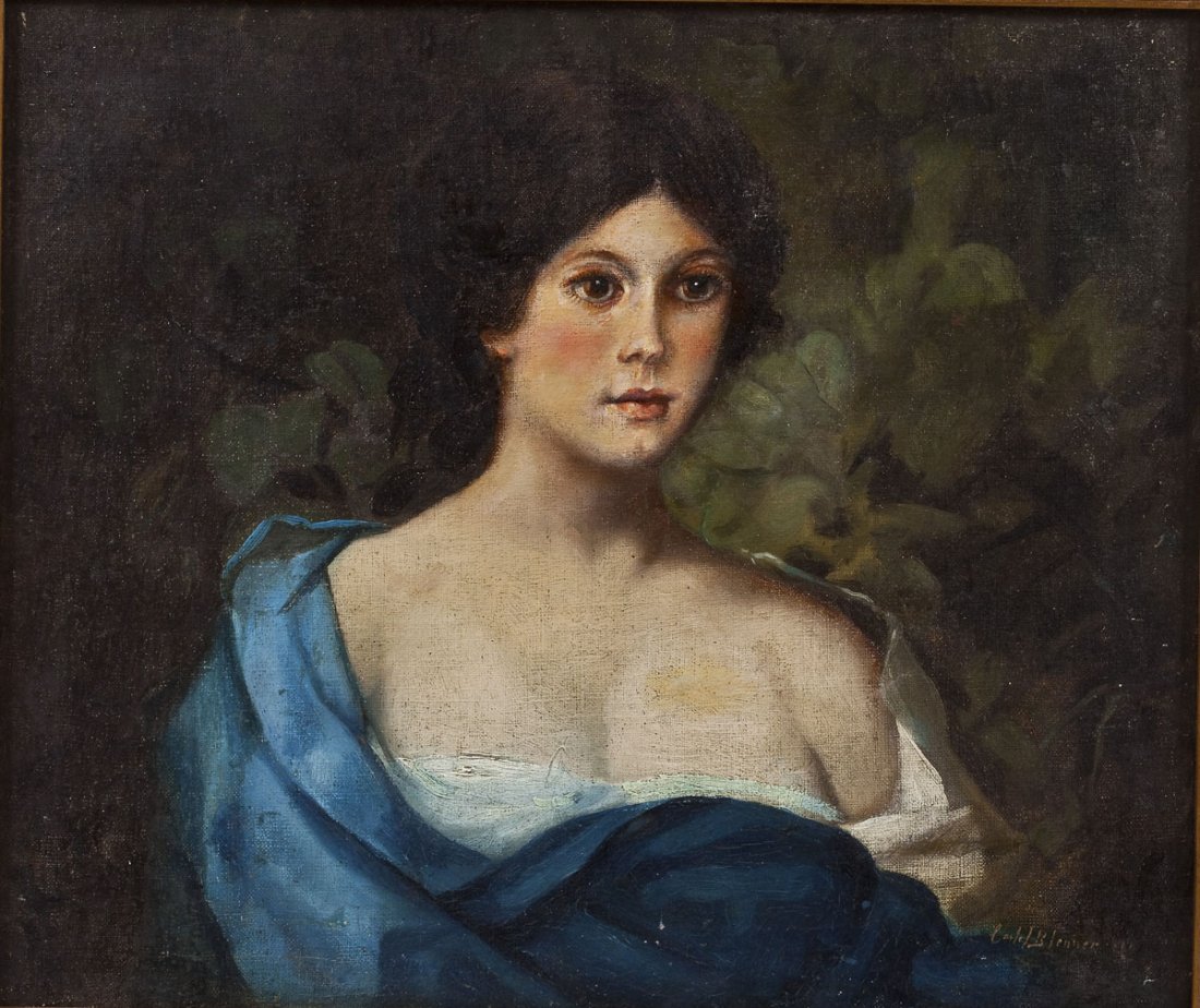 Carle J. Blenner (American, 1862-1952): DESCRIPTION: Carle J. Blenner (American, 1862-1952). Oil on canvas. Portrait of a young woman wearing blue, on a green natural background. Signed in the lower right corner "Carle J. Blenner". In a new