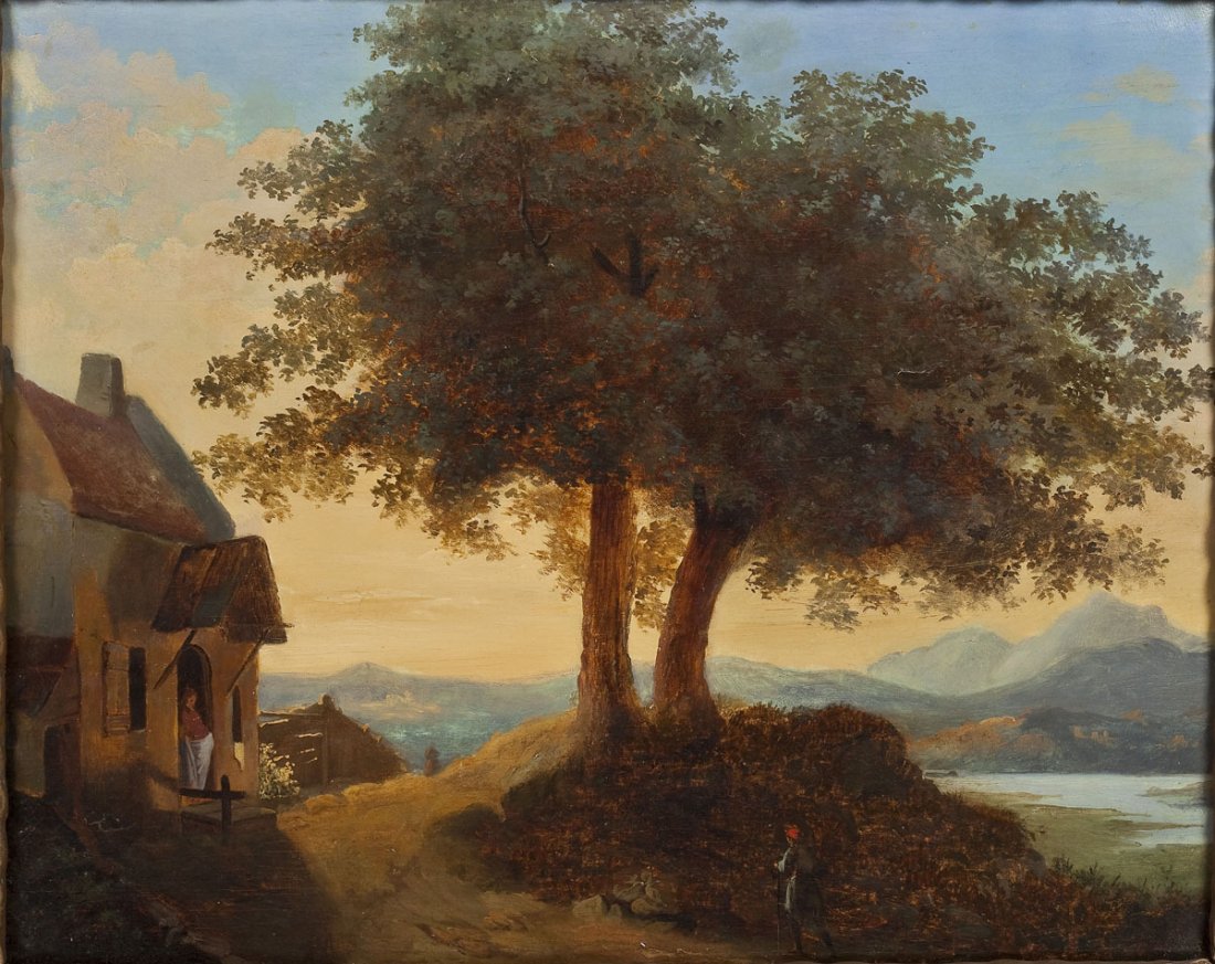 Continental School (19th Century): DESCRIPTION: Continental School (19th Century). Oil on canvas. Landscape depicting a man walking towards a home where a woman waits in the doorway. In an ornate wood and gold colored frame. MEASUREMEN