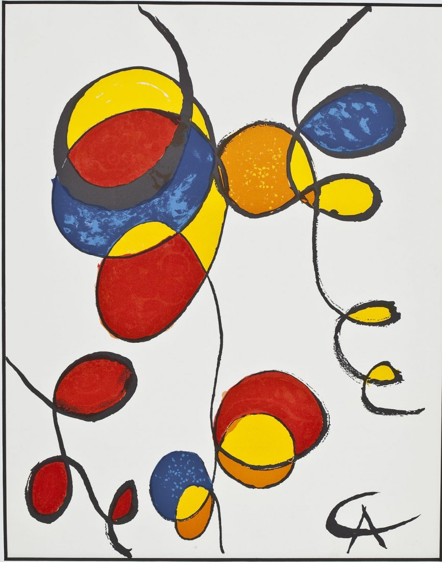 Alexander Calder (American, 1898-1976): DESCRIPTION: Alexander Calder (American, 1898-1976). Lithograph. Titled "Ballons et Cerfs Volants". In vibrant yellow, blue, red, and orange. Signed in the print "AC". Matted under white in a black ac