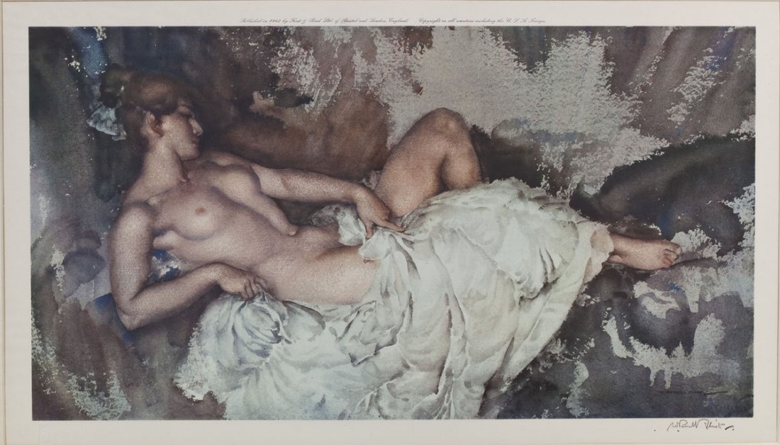 Sir William Russell Flint (Scottish, 1880-1969): DESCRIPTION: Sir William Russell Flint (Scottish, 1880-1969). Print. Reclining Nude. Printed in West Germany. Signed in print and pencil in the lower right corner. Blind stamp visible at lower left. U