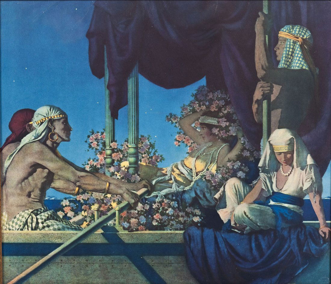 Maxfield Parrish (American, 1870-1966): DESCRIPTION: Maxfield Parrish (American, 1870-1966). Print. Egypt. Marked in lower left corner "© 1917, C.A. Crane, Cleveland", and "Reinthal & Newman N.Y. Copyright" stamped in the lower right corne