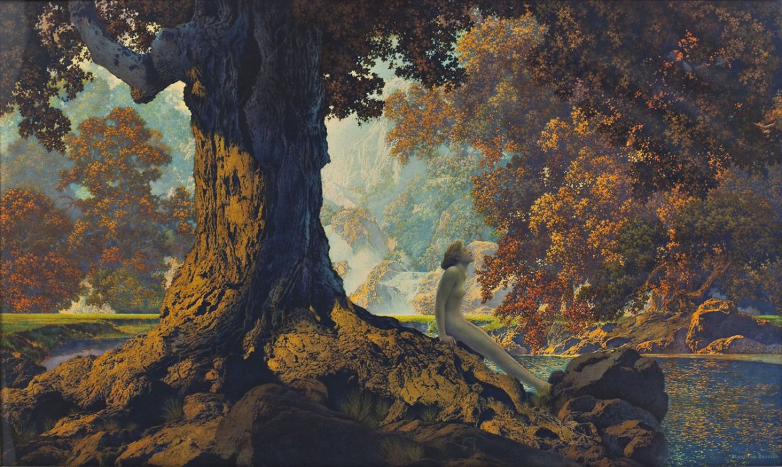 Maxfield Parrish (American, 1870-1966): DESCRIPTION: Maxfield Parrish (American, 1870-1966). Print. "Dreaming". Signed in print "Copyright Maxfield Parrish". Labeled verso with title and artist. In wooden frame. Maxfield Parris was born Fre