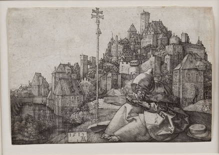 Albrecht Durer (German, 1471-1528): DESCRIPTION: Albrecht Durer (German, 1471-1528). Engraving on paper. "St. Anthony Reading". 1591. Signed and dated in plate lower left. Bartsch 58. Matted and in gold painted frame. PROVENANCE: Purcha