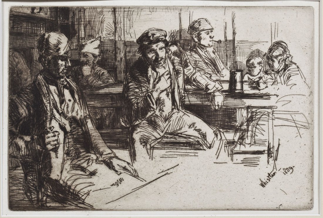James A. M. Whistler (American 1834-1903): DESCRIPTION: James Abbott McNeill Whistler (American 1834-1903). Etching on paper. "The Longshoremen". 1859. Signed and dated in plate lower right. Kennedy 45. Matted and in silver painted frame. PROV