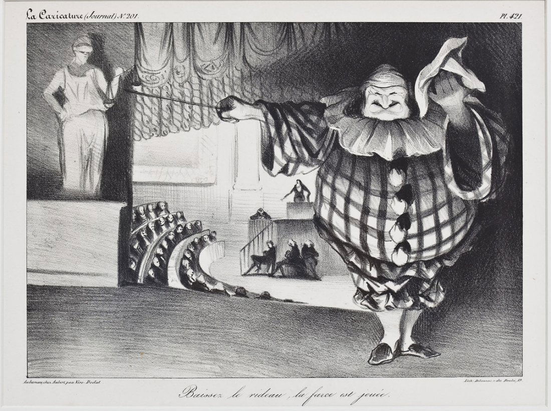 Honore Daumier (French, 1808-1879): DESCRIPTION: Honore Daumier (French, 1808-1879). Lithograph on paper. "Baissez le rideau, la farce est jouee" (Lower the curtain, the farce is ended). Plate 421, "La Caricature" September 11, 1834. H.