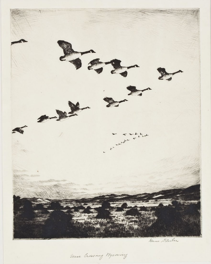 Hans Kleiber (American, 1887-1967): DESCRIPTION: Hans Kleiber (American, 1887-1967). Etching and drypoint on cream wove paper. "Geese Crossing Wyoming". Signed and titled in pencil to lower margin. Matted and in wood frame. PROVENANCE: 
