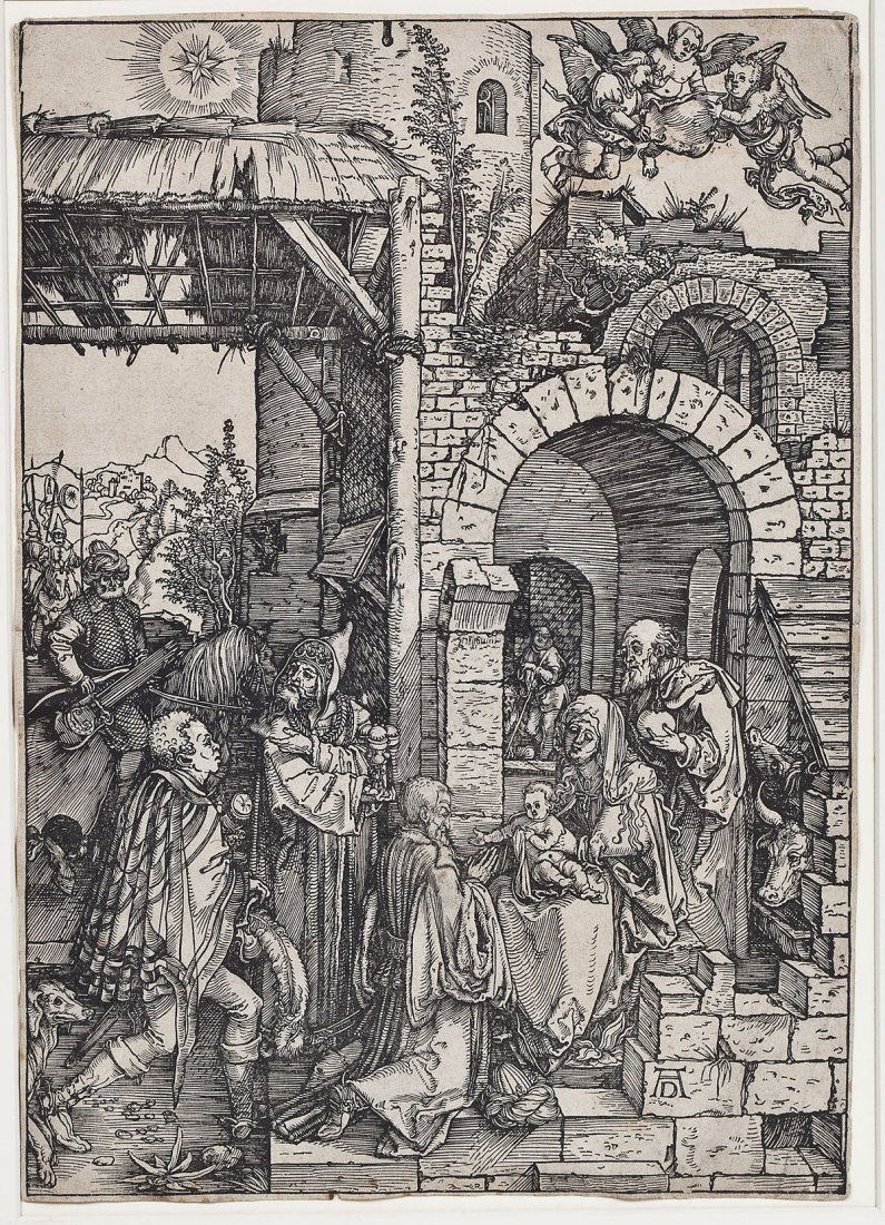 Albrecht Durer (German, 1471-1528): DESCRIPTION: Albrecht Durer (German, 1471-1528). Woodcut on paper. "The Adoration of the Magi". Plate 12 from The Life of the Virgin. 1511, Latin text edition. Signed in plate with artist's monogram l