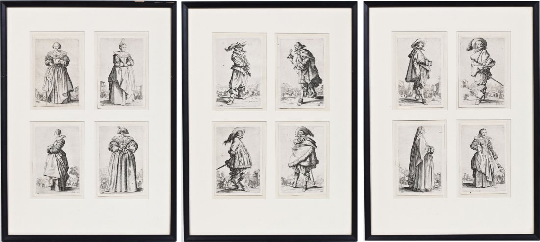 Jacques Callot (French, 1592-1635): DESCRIPTION: Jacques Callot (French, 1592-1635). Series of twelve etchings on paper. "The Nobility of Lorraine". Circa 1620 to 1623. Signed in plates. Matted and framed four per frame in black painted
