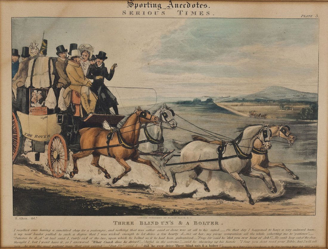 Henry Thomas Alken (British, 1785-1851): DESCRIPTION: Henry Thomas Alken (British, 1785-1851). Hand colored aquatint on thick paper. "Three Blind Un's & a Bolter". Plate 3 from Sporting Anecdotes published in New Sporting Magazine, November