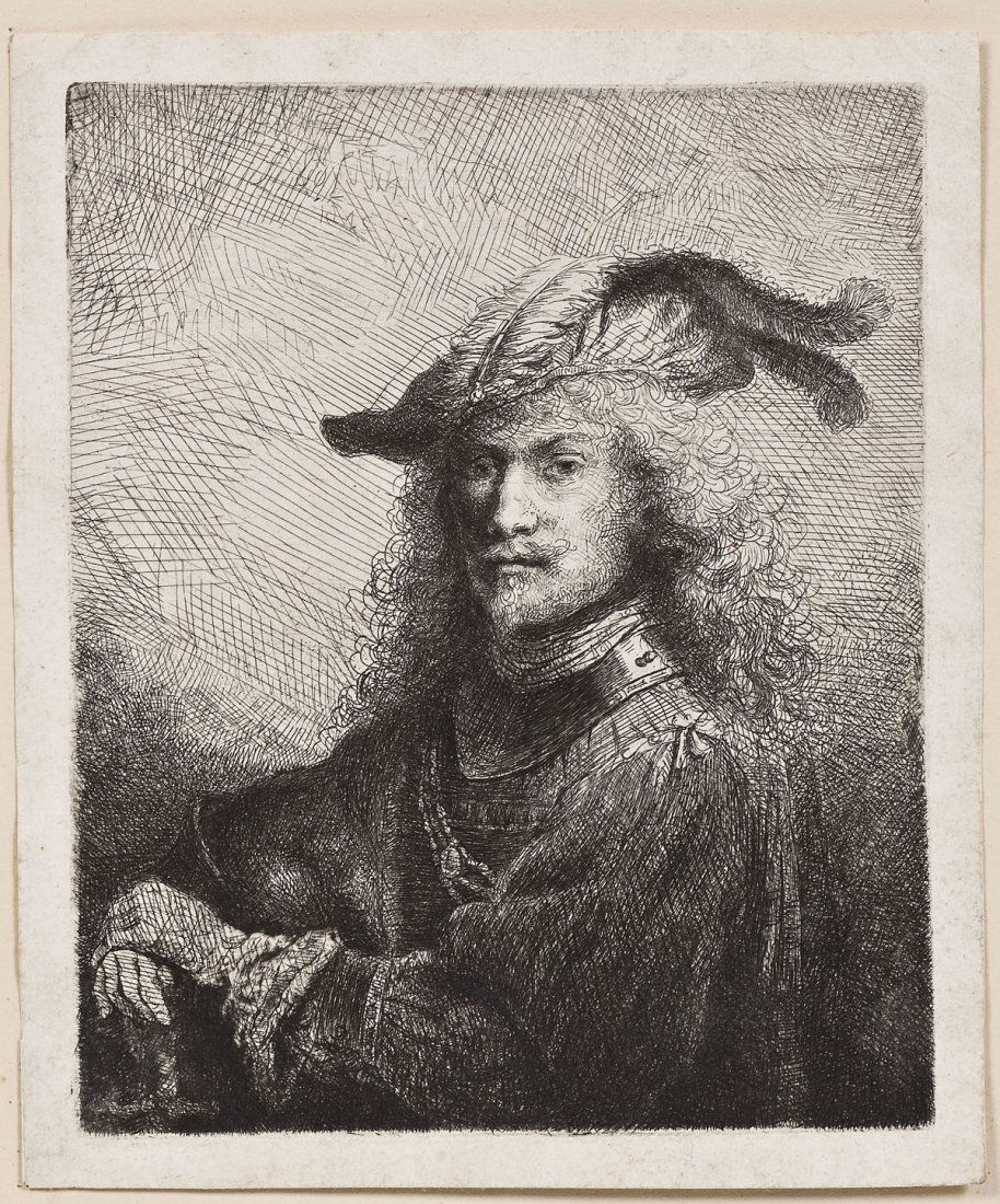 Ferdinand Bol (Netherlands, 1616-1680): DESCRIPTION: Ferdinand Bol (Netherlands, 1616-1680). Etching and drypoint on laid paper. "Portrait of an Officer (Self Portrait)". 1645. Watermarked, appears to be coat of arms. Bartsch 11; Hollstein