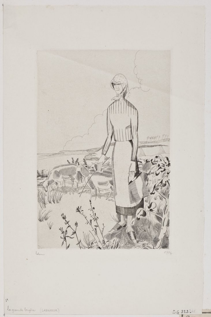 Jean Emile Laboureur (French,1877-1943): DESCRIPTION: Jean Emile Laboureur (French,1877-1943). Line engraving on wove paper. "La Grande Bergere". 1926. Signed and numbered "61/75 ip" to bottom margin. Hinged at left edge in mat. PROVENANCE: 