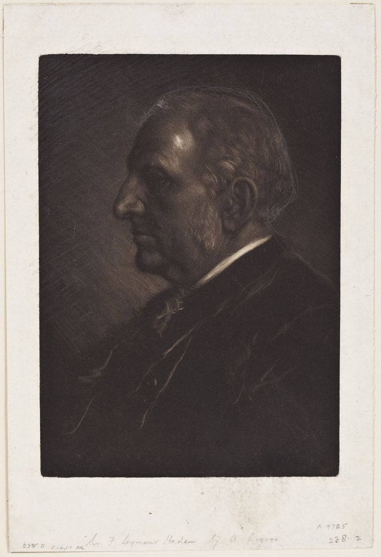 Alphonse Legros (French, 1837-1911): DESCRIPTION: Alphonse Legros (French, 1837-1911). Mezzotint. "Portrait of (Sir) Seymour Haden". 1881. Second state. Touched in pencil by artist. Hinged at top edge in mat. PROVENANCE: From the collect