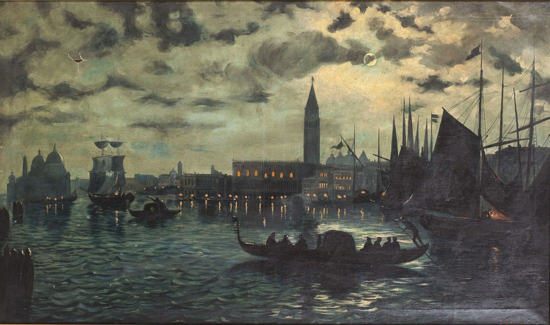 John Devich (American, 20th Century): DESCRIPTION: John Devich (American, 20th Century). Oil on canvas. Venice harbor scene. Signed in the lower right corner "J. Devich". In a wood and gesso gold painted frame. MEASUREMENTS: 25-1/2" 43-1/
