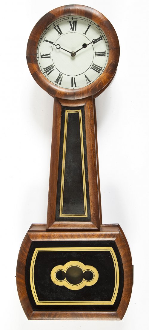 19th Century Banjo Clock: DESCRIPTION: 19th century banjo clock. Wood with black and gold reverse painted tablets with simple design. Unmarked. MEASUREMENTS: 29" x 11" x 3-1/2" deep. CONDITION: Light wear as expected with age 