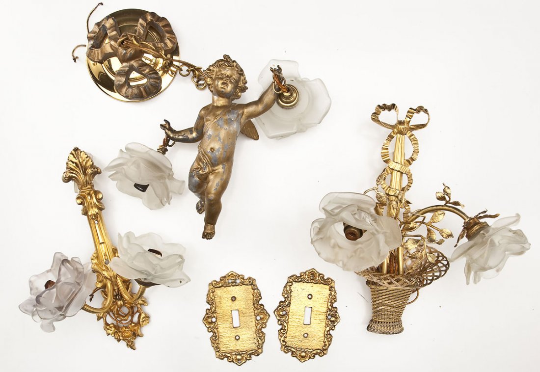 2 Gilded Glass Wall Sconces and Hanging Light: DESCRIPTION: Two gilded glass wall sconces and hanging light with cherub. Each with frosted glass rose shades. One wall sconce with basket body, comes wired with light switch. Other sconce with scroll