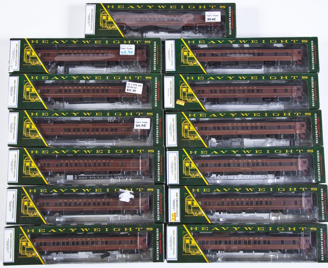 13 Blueprint Series Pennsylvania Pullman Sleepers: DESCRIPTION: Thirteen Blueprint Series Pennsylvania 12-1 Pullman sleeper cars. CONDITION: Appear unused in original boxes.