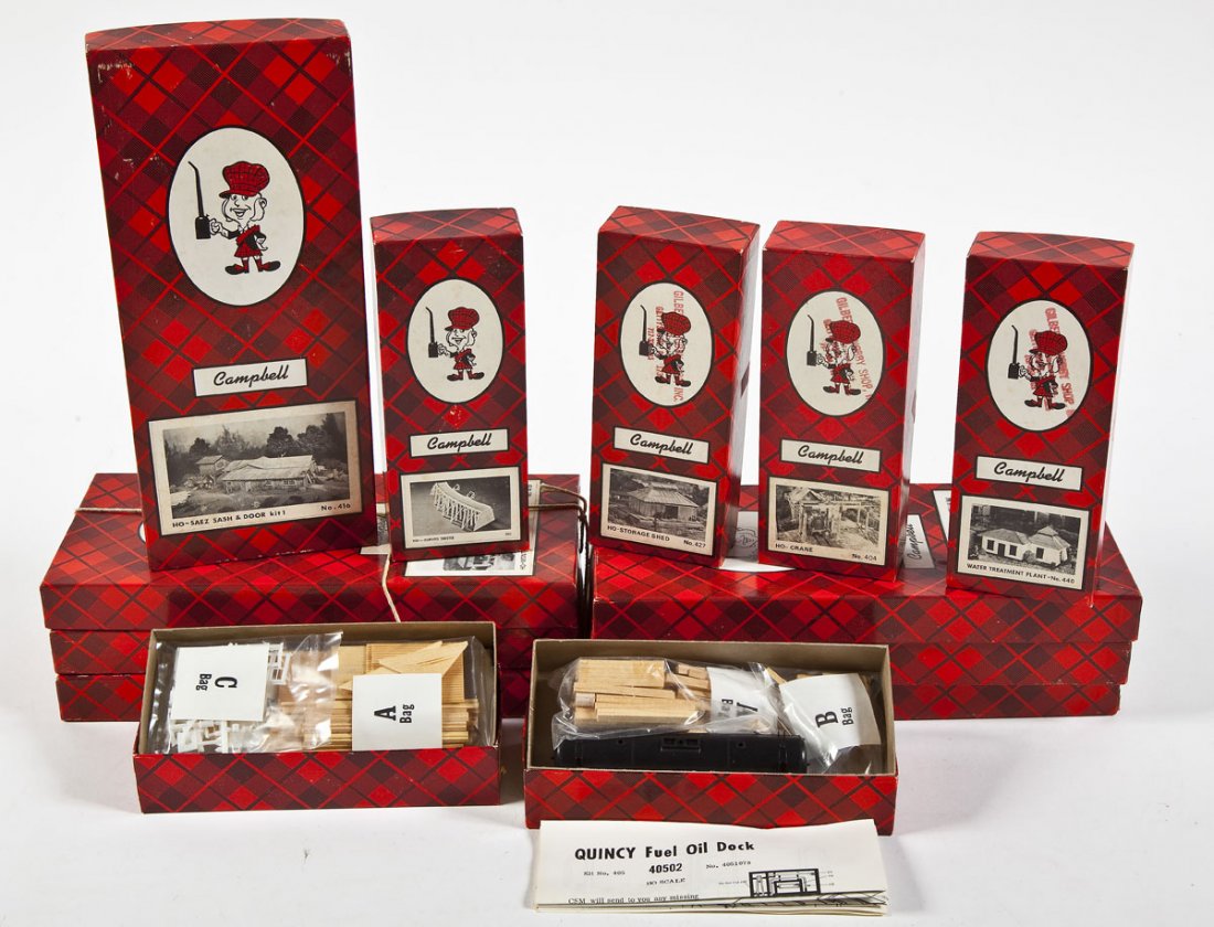 13 Campbell Scale Model Kits: DESCRIPTION: Thirteen Campbell Scale Model kits. CONDITION: Appear unused in original boxes.