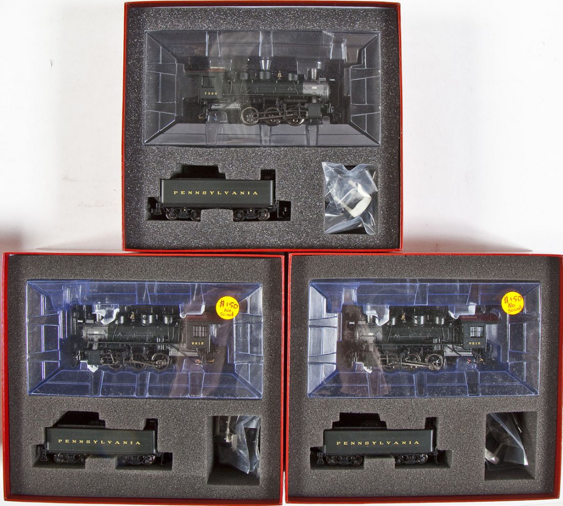 3 Proto-2000 Heritage Steam USRA PRR Locomotives: DESCRIPTION: Three Proto-2000 Heritage Steam Collection USRA PRR locomotives including #7300 and two #9212. CONDITION: Appear unused in original boxes.