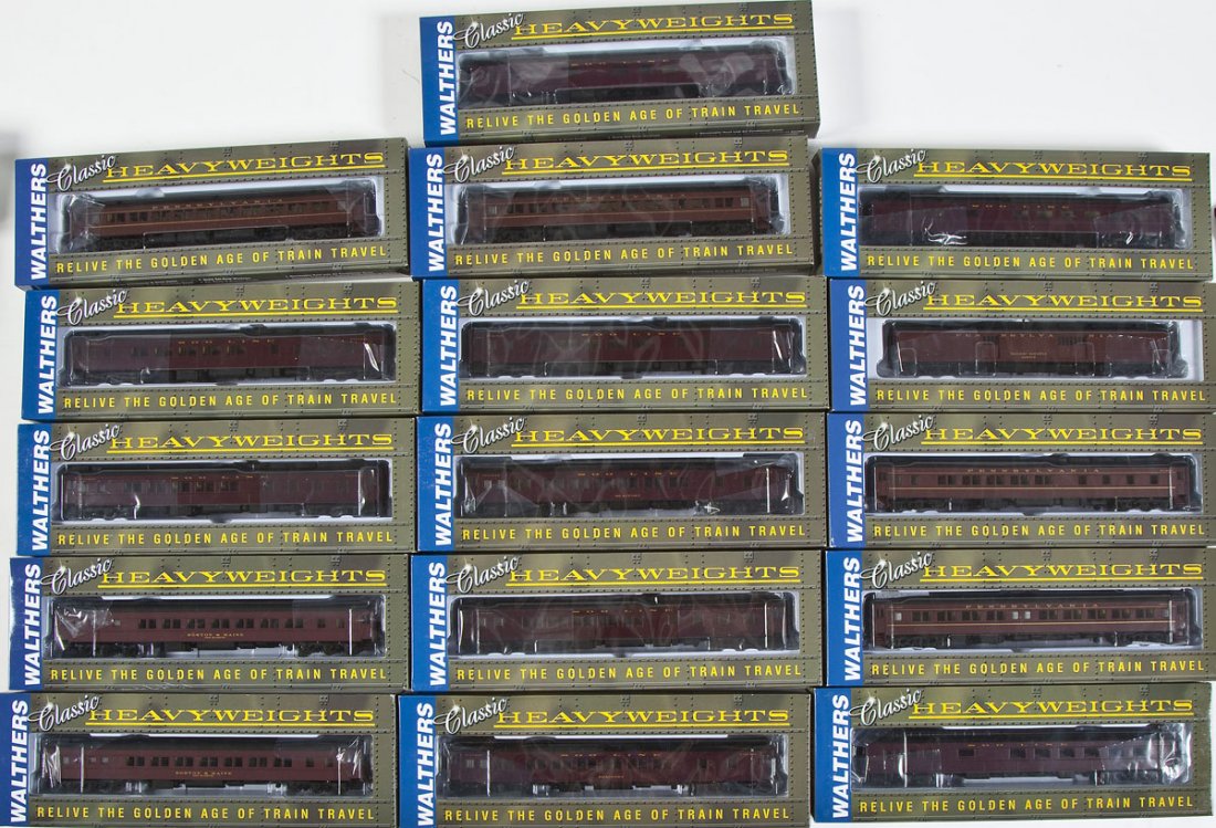 16 Wathers Pullman Heavyweight Cars: DESCRIPTION: Sixteen Walthers Pullman Heavyweight cars including PRR, Soo Line, and Boston & Maine. CONDITION: Appear unused in original boxes.