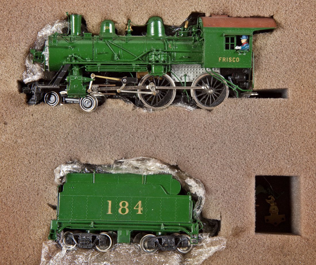 Hallmark/Dong Jin Frisco Brass Loco & Tender: DESCRIPTION: Hallmark Models Frisco 182-187 painted brass locomotive and tender made by Dong Jin. CONDITION: Appears slightly if at all used in original box with paperwork.