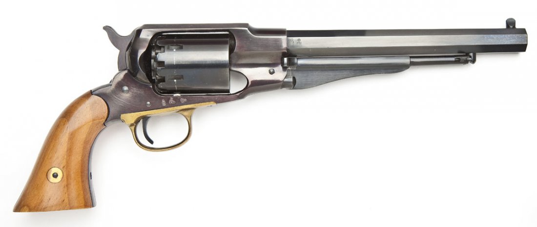 Navy Arms 1858 Remington Revolver - .44 Cal.: SERIAL #: 013542 DESIGN: Single action black powder reproduction revolver with 6-shot removable cylinder. 7-7/8" barrel. MATERIAL/FINISH COMPOSITION: Blued steel. Brass trigger guard. Smooth wood grip